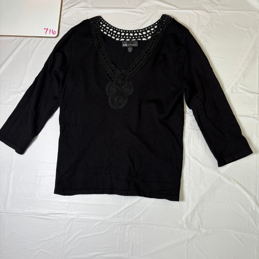 I.N. Studio Womens Black Crochet‎ V-Neck 3/4 Sleeve Knit Top Blouse Large